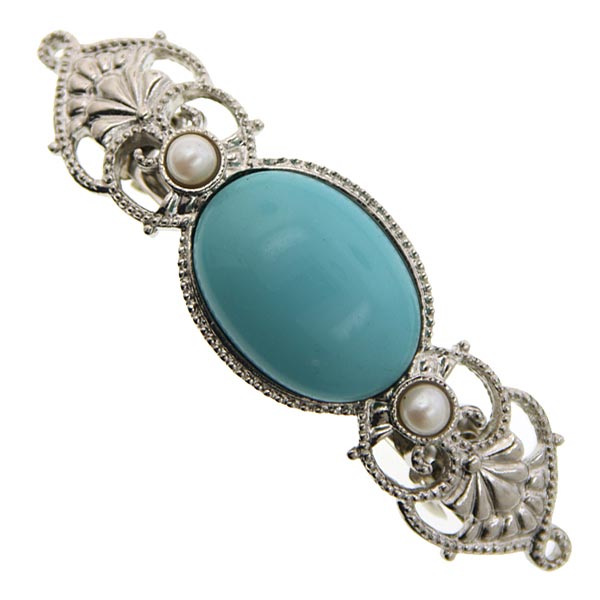 Magnificent Cabochon Turquoise Barrette with Pearls